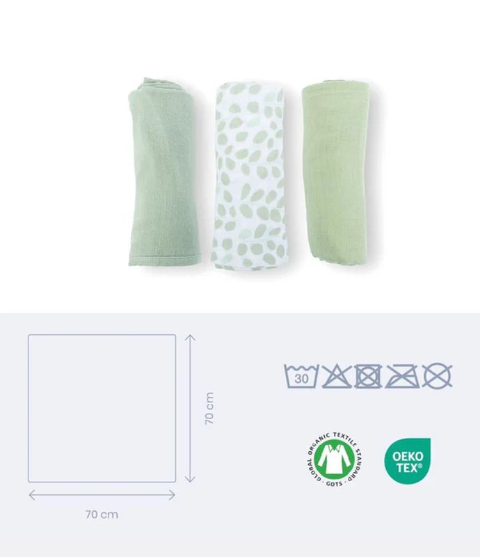 Lot de 3 langes gaze de coton Lovely Mini Leaves Green Babymoov dimensions